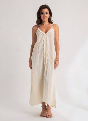 Robe longue tissage crêpe fines bretelles beige MADE IN ITALY femme