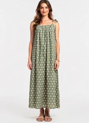 Robe longue tissage crêpe fines bretelles vert KIKKERLAND femme