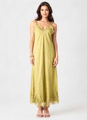 Robe longue tissage crêpe fines bretelles vert FARFALLA femme
