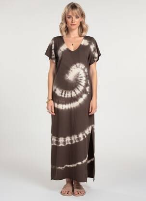 Robe longue manches courtes manches courtes marron FARFALLA femme