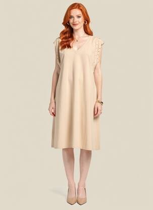 Robe mi-longue manches courtes manches courtes beige ANDROMEDE femme