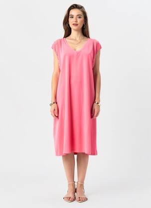 Robe mi-longue manches courtes manches courtes rose ANDROMEDE femme