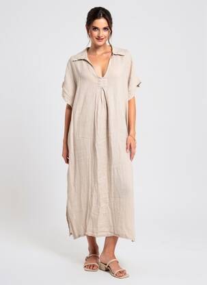 Robe longue manches courtes manches courtes beige 100% LINO femme