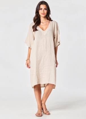 Robe mi-longue tissage crêpe manches courtes beige IZZY femme