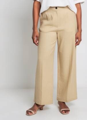 Pantalon large fermeture zippée sous rabat boutonné taille haute beige POMANDERE femme