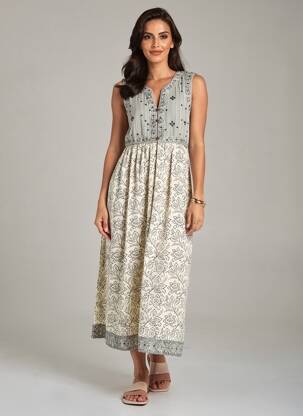 Robe longue imprimé fantaisie sans manche beige MAISON HOTEL femme