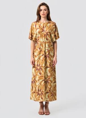 Robe longue imprimé fantaisie manches courtes marron SOEUR femme