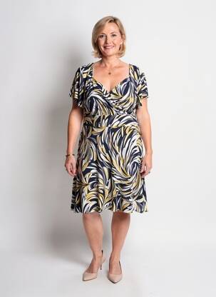 Robe mi-longue imprimé fantaisie manches courtes bleu GUY DUBOUIS femme
