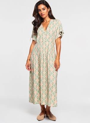 Robe longue imprimé fantaisie manches courtes vert GUITARE femme