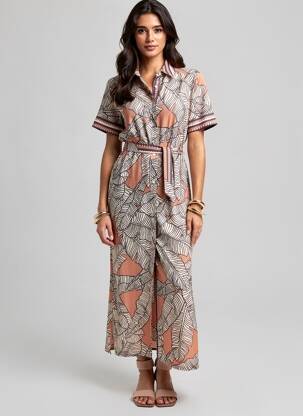 Robe longue imprimé fantaisie manches courtes marron FUEGO WOMAN femme