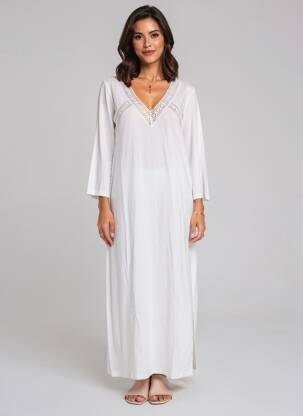 Robe longue col v manches 3/4 blanc LAURENCE TAVERNIER femme