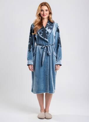 Robe de chambre col cache-coeur bleu MARJOLAINE femme