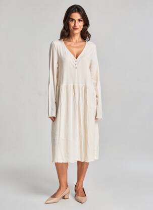 Robe mi-longue manches longues manches longues beige CALIDA femme