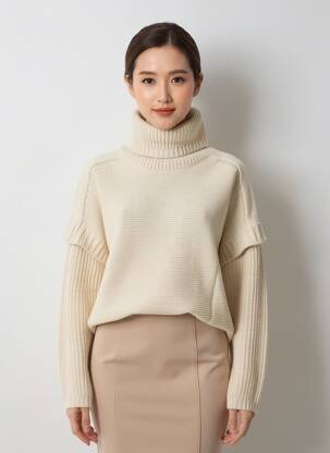 Pull col roulé coupe droite manches longues beige HEINE femme