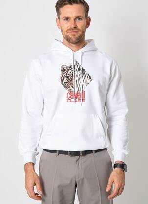 Sweat-shirt à capuche sérigraphie floquée manches longues blanc CAVALLI homme