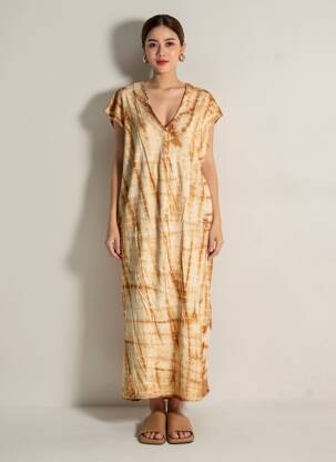 Robe longue imprimé fantaisie manches courtes marron GOLD & SILVER femme