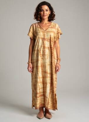 Robe longue imprimé fantaisie manches courtes marron GOLD & SILVER femme