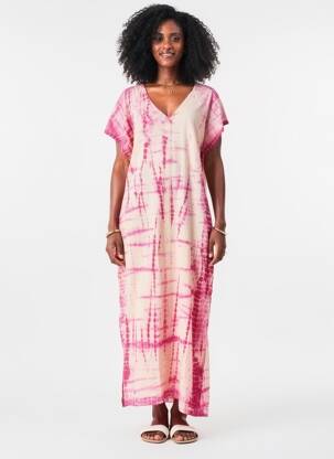 Robe longue imprimé fantaisie manches courtes rose GOLD & SILVER femme