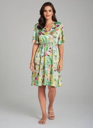 Robe mi-longue imprimé fantaisie manches courtes vert SUZZY & MILLY femme