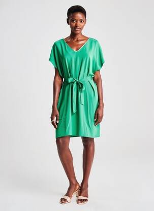 Robe mi-longue tissage crêpe manches courtes vert EMMA ELLA femme