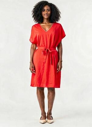 Robe mi-longue tissage crêpe manches courtes rouge EMMA ELLA femme