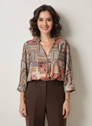 Blouse imprimé fantaisie manches 3/4 marron DANIELA COOL femme