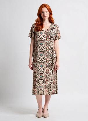 Robe mi-longue imprimé fantaisie manches courtes beige AZAY femme