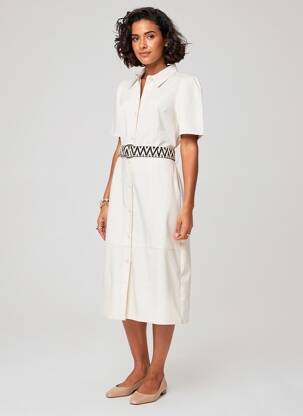 Robe mi-longue tissage crêpe manches courtes beige K-DESIGN femme