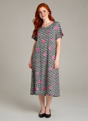 Robe mi-longue imprimé fantaisie manches courtes noir AZAY femme