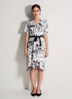 Robe mi-longue imprimé fleurs manches courtes noir MALOKA femme