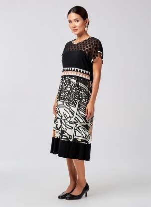 Robe mi-longue imprimé fantaisie manches courtes noir OLIVIER PHILIPS femme