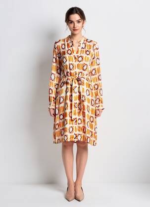 Robe mi-longue imprimé fantaisie manches longues orange BELLA JONES femme