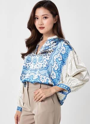 Blouse tissage popeline manches longues bleu BELLA JONES femme