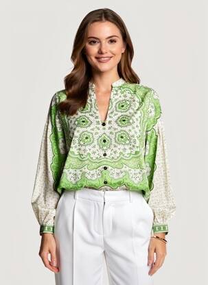 Blouse tissage popeline manches longues vert BELLA JONES femme