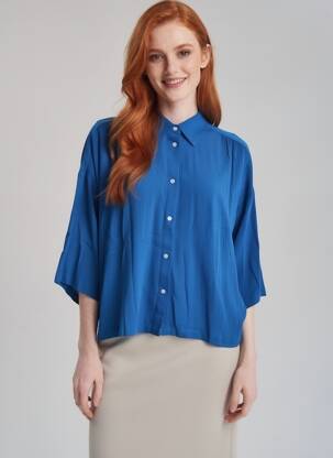 Chemisier tissage crêpe manches 3/4 bleu ICHI femme