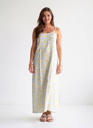 Robe longue imprimé fantaisie fines bretelles blanc PIECES femme