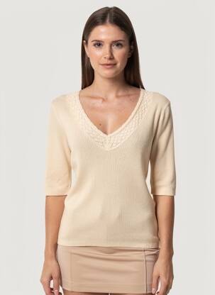 T-shirt col v manches courtes beige OBJECT femme