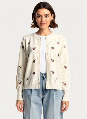 Gilet manches longues col rond beige OBJECT femme