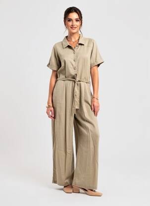 Combi-pantalon tissage crêpe manches courtes marron ICHI femme