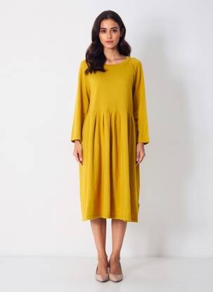 Robe mi-longue manches longues manches longues jaune ARTLOVE femme