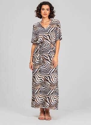 Robe longue imprimé fantaisie manches courtes noir GEISHA femme