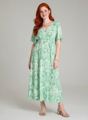 Robe mi-longue imprimé fantaisie manches courtes vert ICHI femme