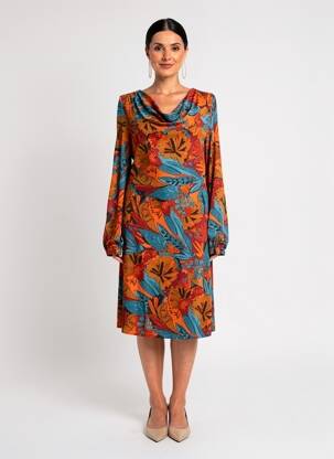 Robe mi-longue imprimé fantaisie manches longues orange SURKANA femme