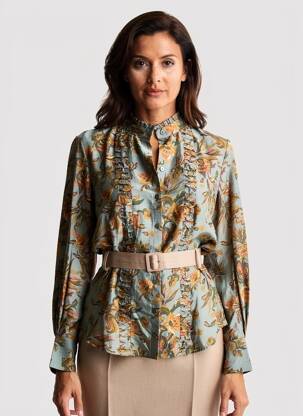Chemisier imprimé fleurs manches longues bleu SURKANA femme