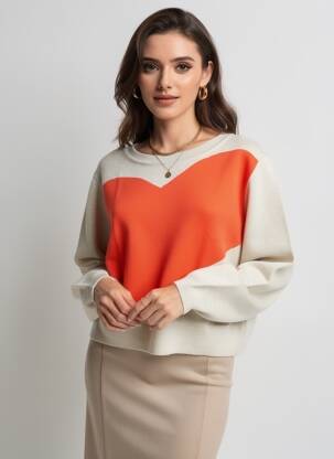 Pull tissage chiné manches longues beige ICI ET MAINTENANT femme