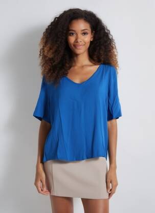 Blouse fermeture boutonnée au dos manches courtes bleu ICHI femme