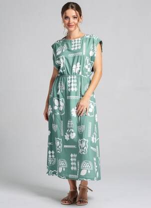 Robe longue imprimé fantaisie manches courtes vert ICHI femme