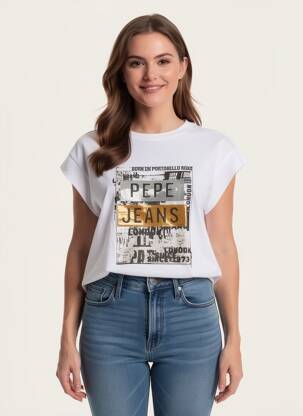 T-shirt sérigraphie avec strass manches courtes blanc PEPE JEANS femme