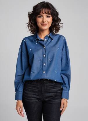 Chemisier coupe droite manches longues bleu FRANSA femme