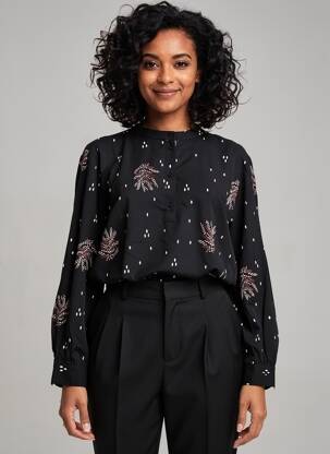 Blouse tissage popeline manches longues noir FRANSA femme